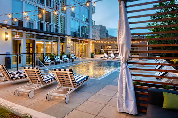 poolside area at Flair Tower Apartments, Chicago, 60654