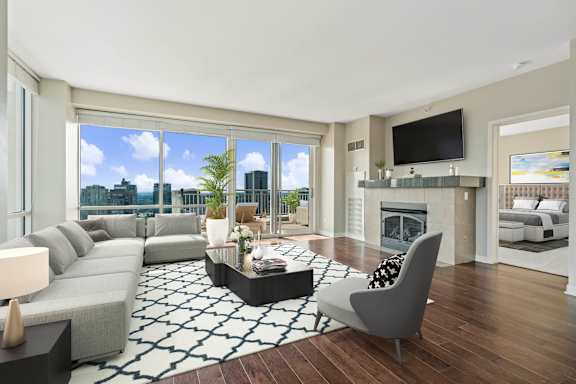 modern living room at Flair Tower Apartments, Chicago, 60654