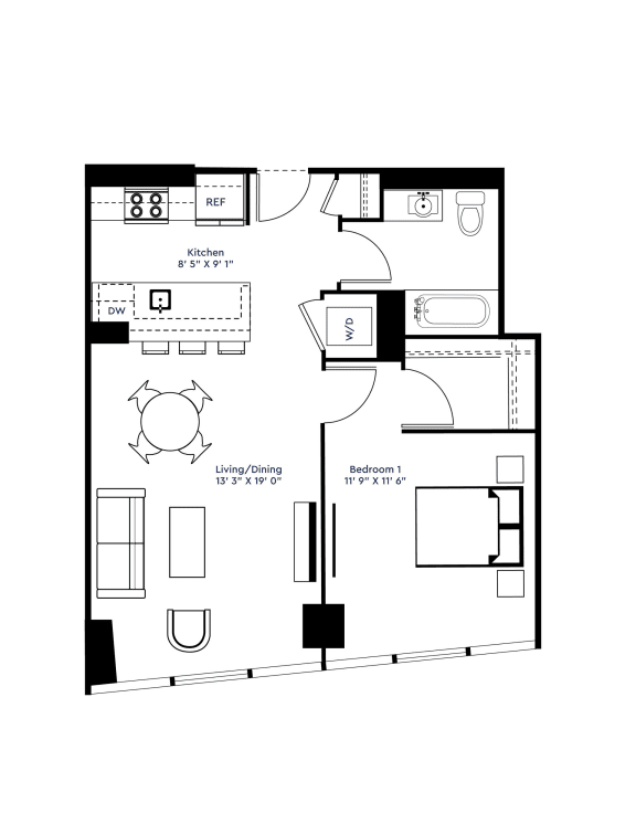 a floor plan of a small house with a bedroom and a living room at The Grand Central, Illinois, 60607