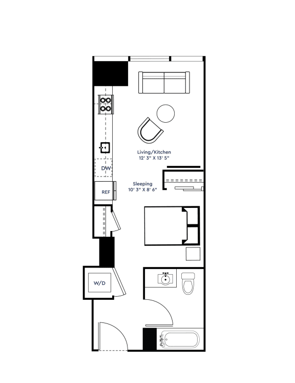 a floor plan of a small house with a bedroom and a living room at The Grand Central, Chicago, IL 60607