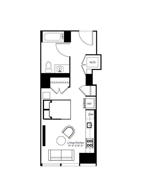 Studio 1 Bath Floor Plan | 408 Sq. Ft. at The Grand Central, Illinois