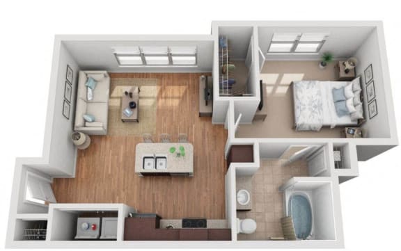 3d 1 bedroom floor plan | Mockingbird Flats Apartments in Dallas, TX