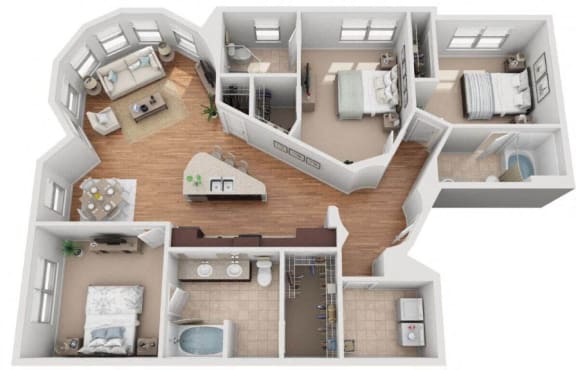 3d 3 bedroom floor plan | Mockingbird Flats Apartments in Dallas, TX