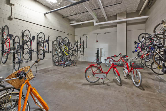 a group of bikes parked in a room at Mockingbird Flats, Dallas