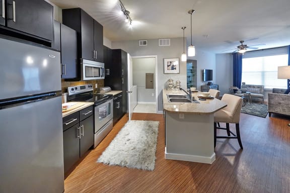 a kitchen and living room with stainless steel appliances at Mockingbird Flats, Dallas, 75206