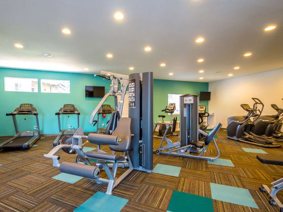 a gym with cardio equipment and weights in a wellness center at Skyview in Westminster, Colorado 80234