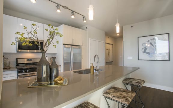 a kitchen with a long counter top and a sink at The Elle Apartments, Chicago, IL