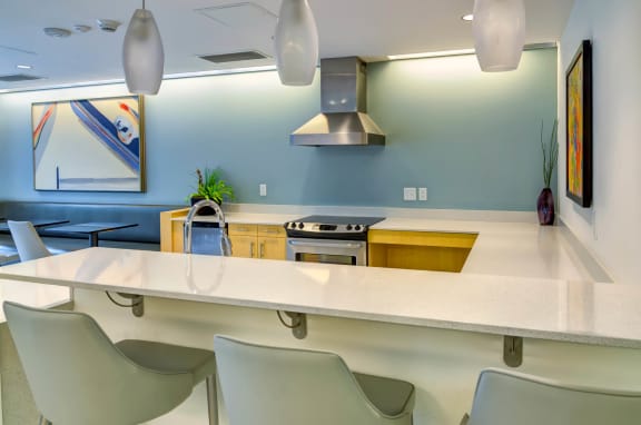 Community kitchen with a long counter and chairs and efficient appliances at The Parker, Portland, OR