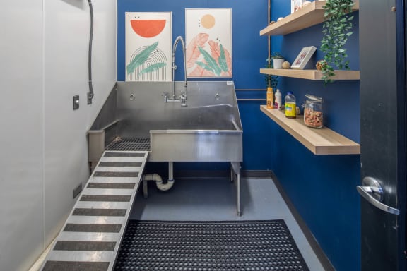 a large stainless steel sink in a blue and white bathroom at The Parker Apartments, Portland, OR