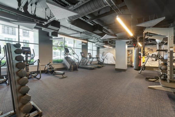 a gym with cardio equipment and windows in a building at Vue, San Pedro, CA