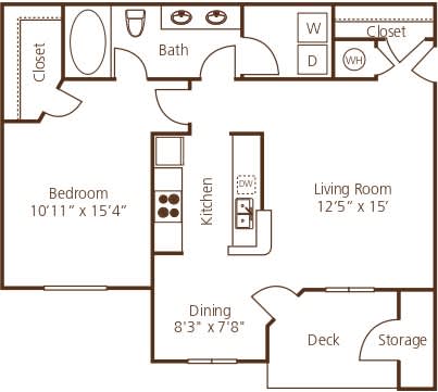 One bedroom apartment floor plan with deck at Wyndchase Aspen Grove Apartments, Franklin, Tennessee