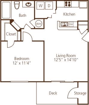 One bedroom floor plan with storage deck at Wyndchase Aspen Grove Apartments, Franklin