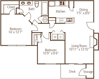Two bedroom floor plan with storage deck at Wyndchase Aspen Grove Apartments, Tennessee