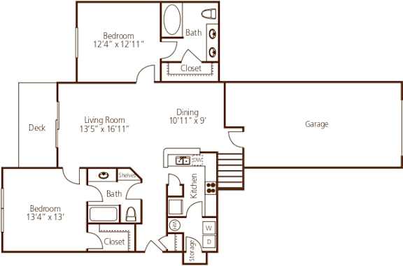 Two bedroom floor plan with garage and deck at Wyndchase Aspen Grove Apartments, Tennessee, 37067