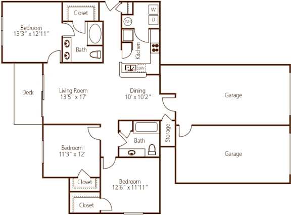 Three bedroom floor plan with dual garage at Wyndchase Aspen Grove Apartments, Franklin, TN 37067
