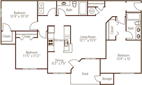 Three bedroom floor plan with dual bathrooms at Wyndchase Aspen Grove Apartments, Franklin, TN