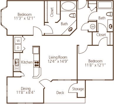 Two bedroom apartment floor plan with dual bathrooms at Wyndchase Aspen Grove Apartments, Franklin, 37067