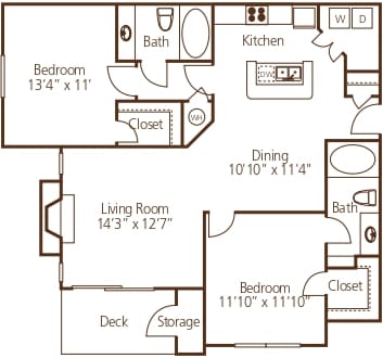 Two bedroom two bathroom floor plan layout at Wyndchase Aspen Grove Apartments, Franklin, Tennessee