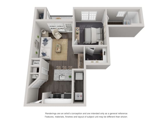 1 Bed1 Bath Floor Plan | 565 Sq. Ft. at Willowest in Lindbergh, Atlanta, Georgia
