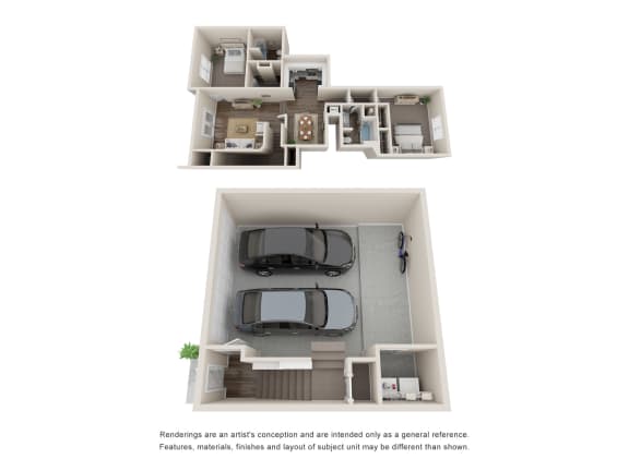 a stylized floor plan of a 1 bedroom apartment