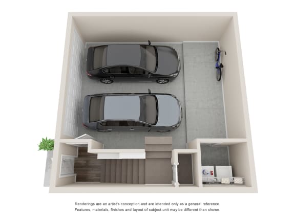 an overhead view of a parking garage with a car and a bicycle in the garage
