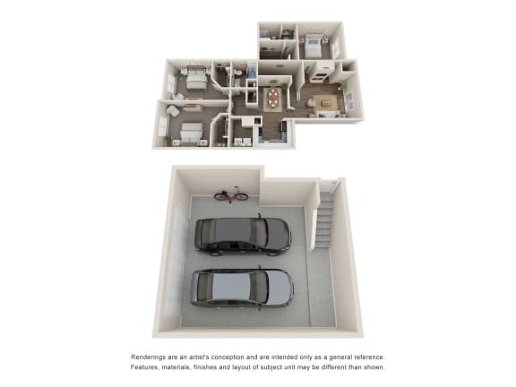 bedrooms and bathrooms in a 3d floor plan