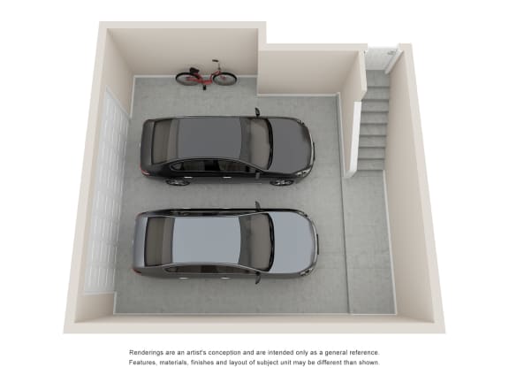 a parking lot with two cars and a bicycle in it