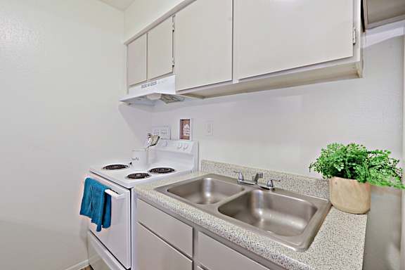 A kitchen with a stove, sink and cabinets.