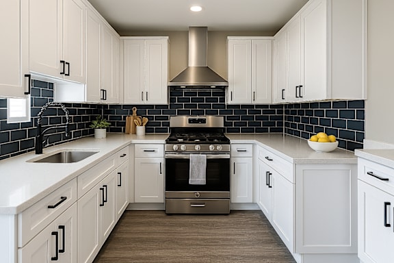 A kitchen with white cabinets and a black backsplash.