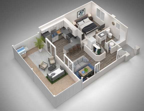 A 3D rendered image of a small apartment layout.