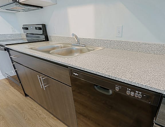 A kitchen with a sink and a dishwasher.
