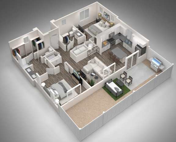 A 3D rendered image of a house layout with multiple rooms.