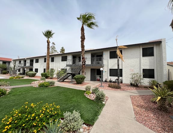 A building with a balcony and a palm tree in front.
