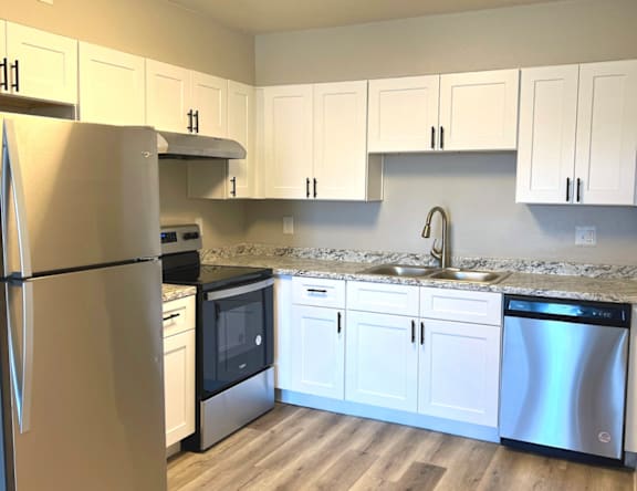 A kitchen with white cabinets and a stainless steel dishwasher.