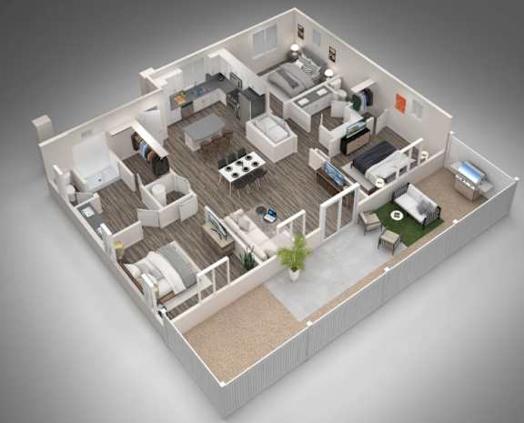 A 3D rendered image of a house layout.