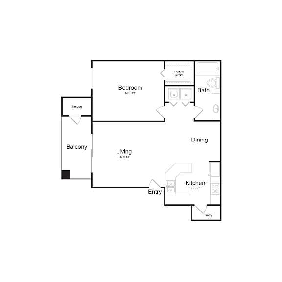 A floor plan of a home with a living room, dining room, kitchen, bedroom, and bathroom.