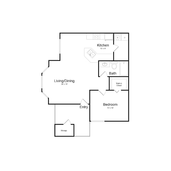 A floor plan of a home with a kitchen, living/dining area, bathroom, bedroom, and storage space.
