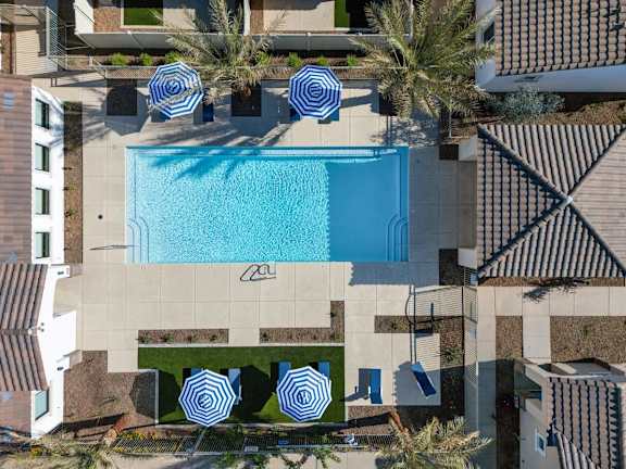 An aerial view of a swimming pool surrounded by palm trees and lounge chairs.