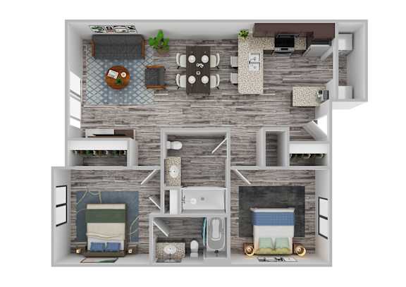 A top-down view of a small apartment with a kitchen, living room, and bedroom.