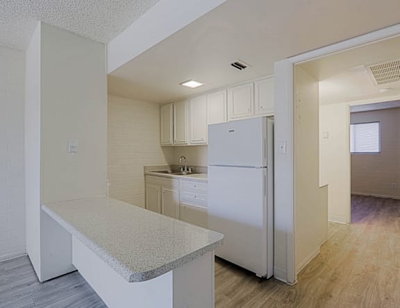 A kitchen with a white refrigerator and a countertop.