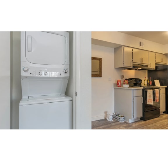 A white oven and a kitchen with a black oven.