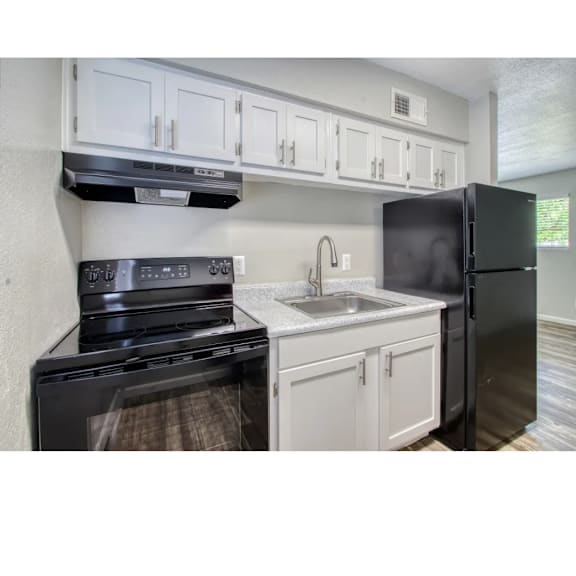 A black refrigerator sits next to a sink in a kitchen.