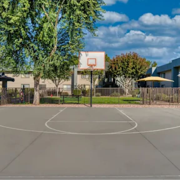 A basketball court is surrounded by a fence and trees.