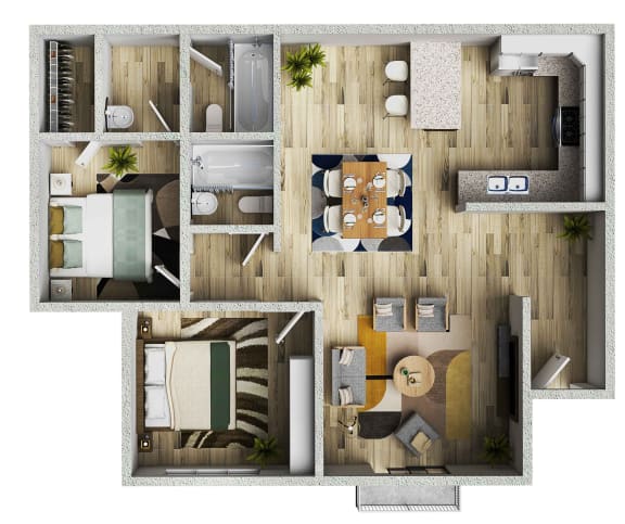 3d floor plan of a house with wooden floors