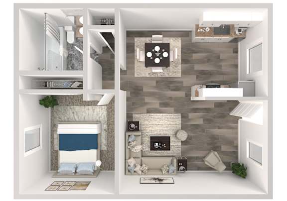 A 3D rendered image of a modern apartment layout.