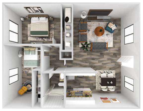 A top-down view of a small, neatly organized apartment with a bed, a desk, and a kitchenette.