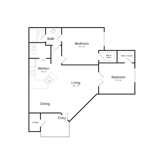 A floor plan of a home with a living room, dining room, kitchen, two bedrooms, a bathroom, and storage.