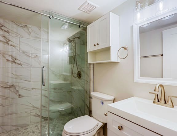 A white toilet sits next to a walk-in shower in a bathroom.