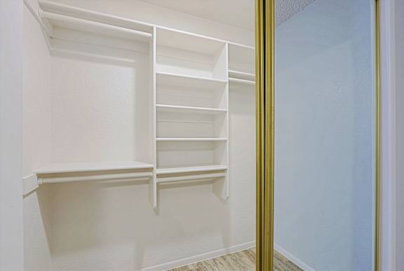 A white closet with shelves and a gold frame.