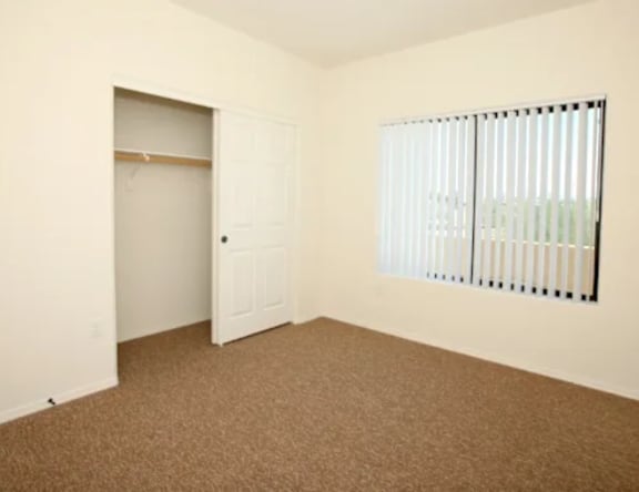 A room with a brown carpet and a white door.
